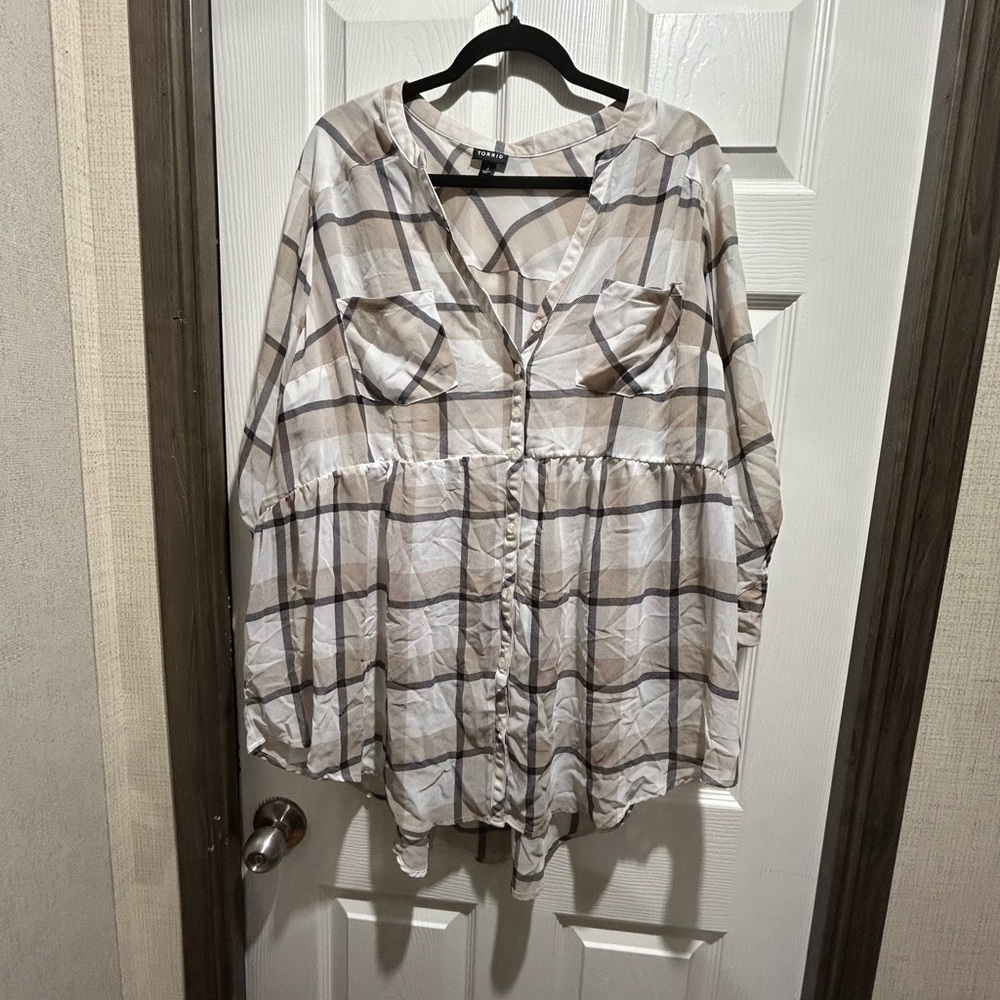 Torrid Beige Plaid V-Neck Blouse